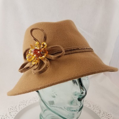 's 00% Wool Fedora with Side Brooch Mid Brim Hat Beaded Trim M/L  eb-32611672